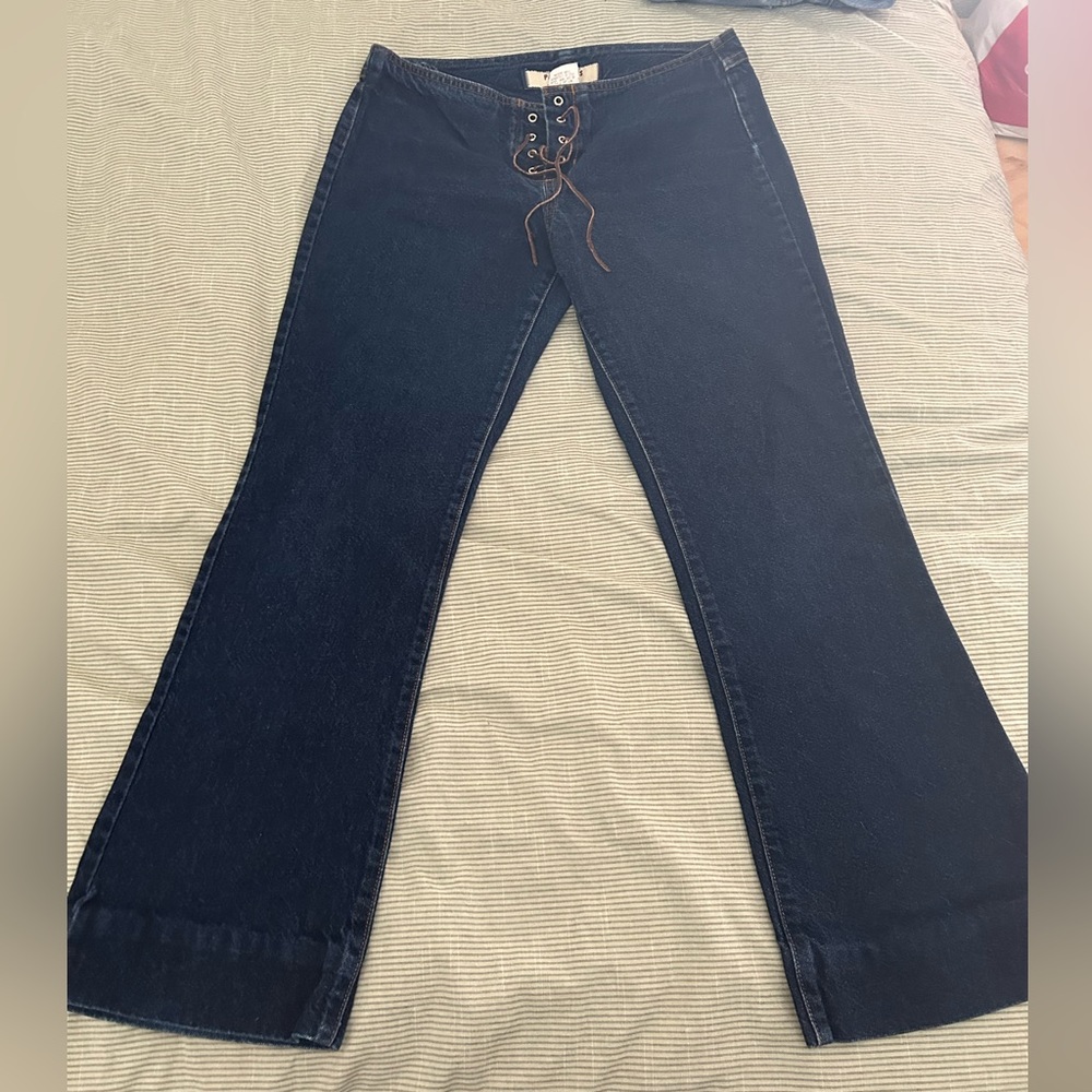 Vintage Y2K Paris Blues dark wash no waistband lace up flare denim jeans